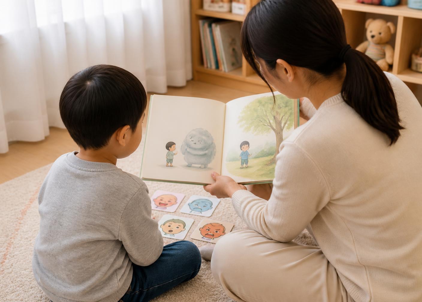 상담자와 아이가 심리동화를 보며 등장인물의 감정을 이야기하는 모습