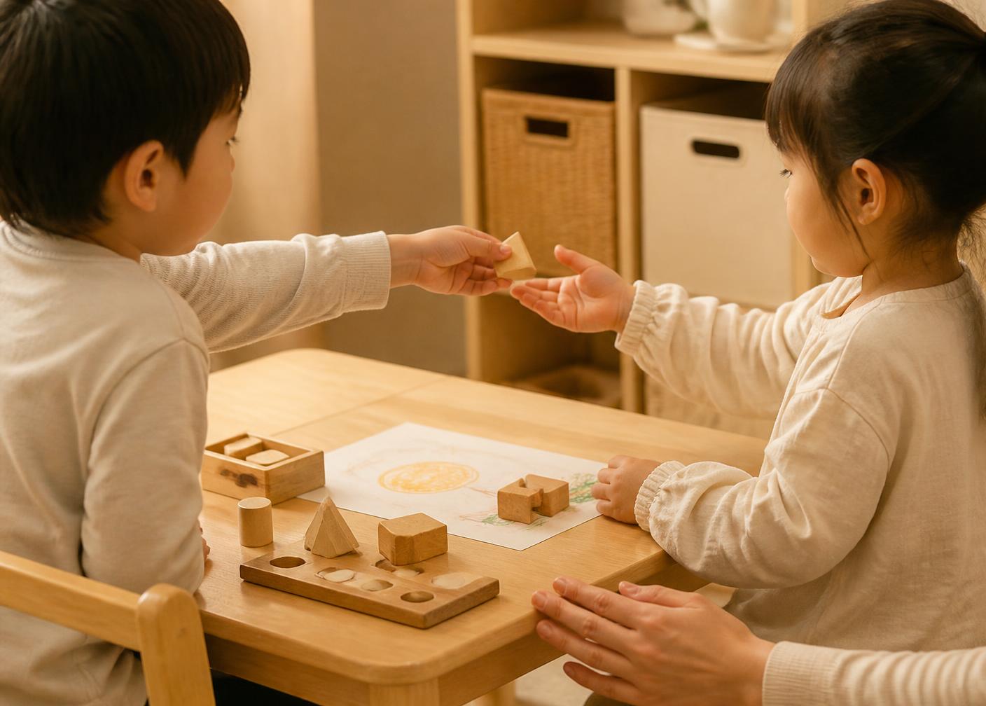 두 아이가 짝활동을 통해 차례와 협동, 의사소통을 연습하는 모습